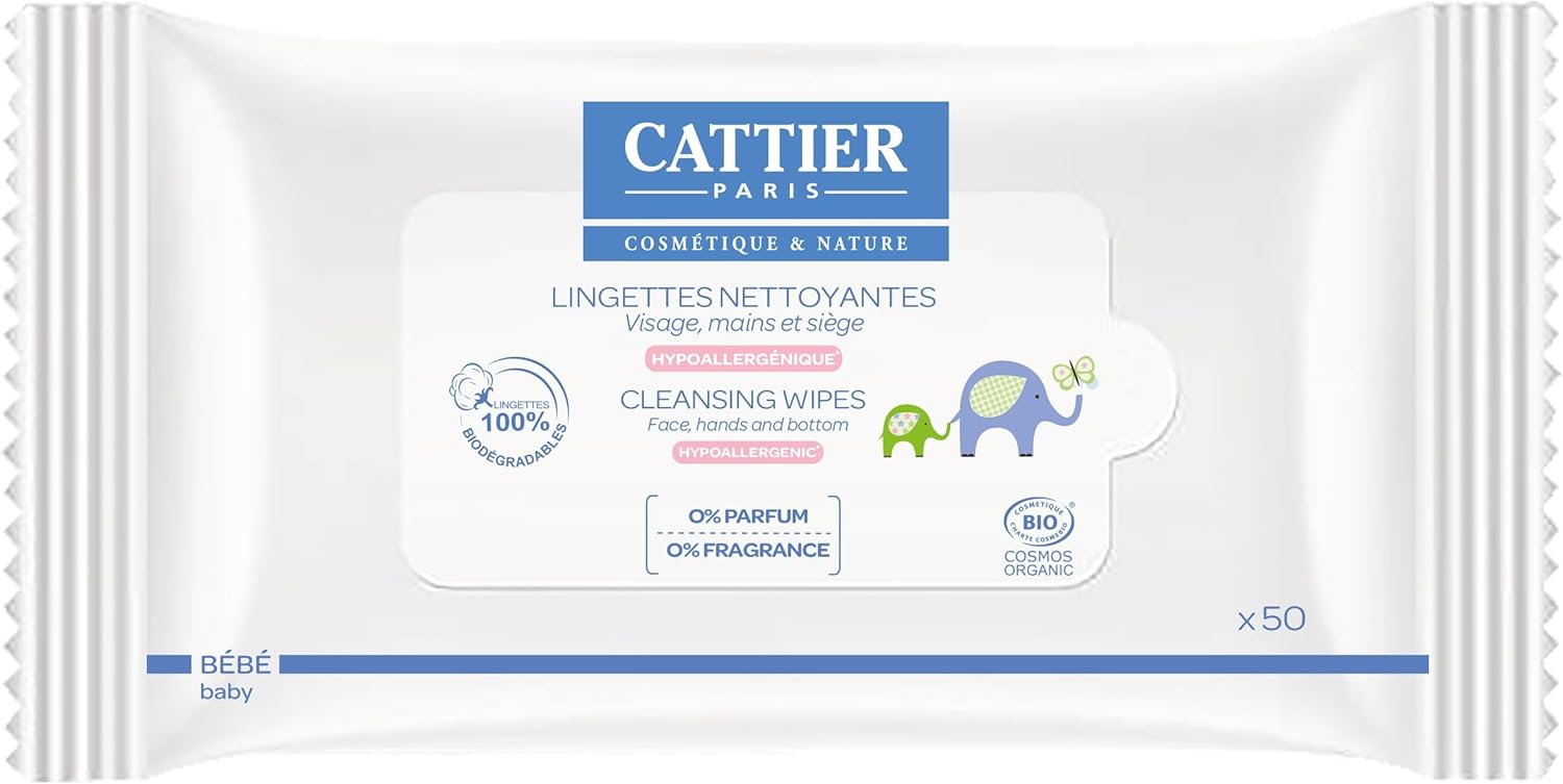 Cattier 50 lingettes nettoyantes visage mains siège